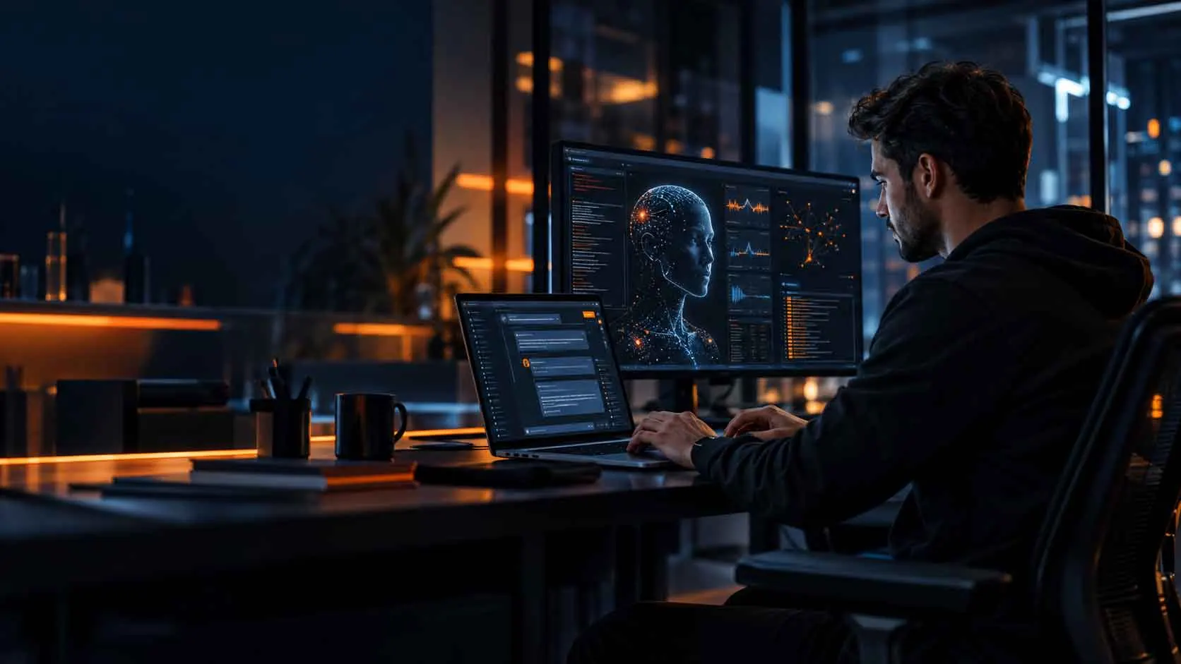 Security specialist testing an AI model on screen, representing AI and LLM penetration testing