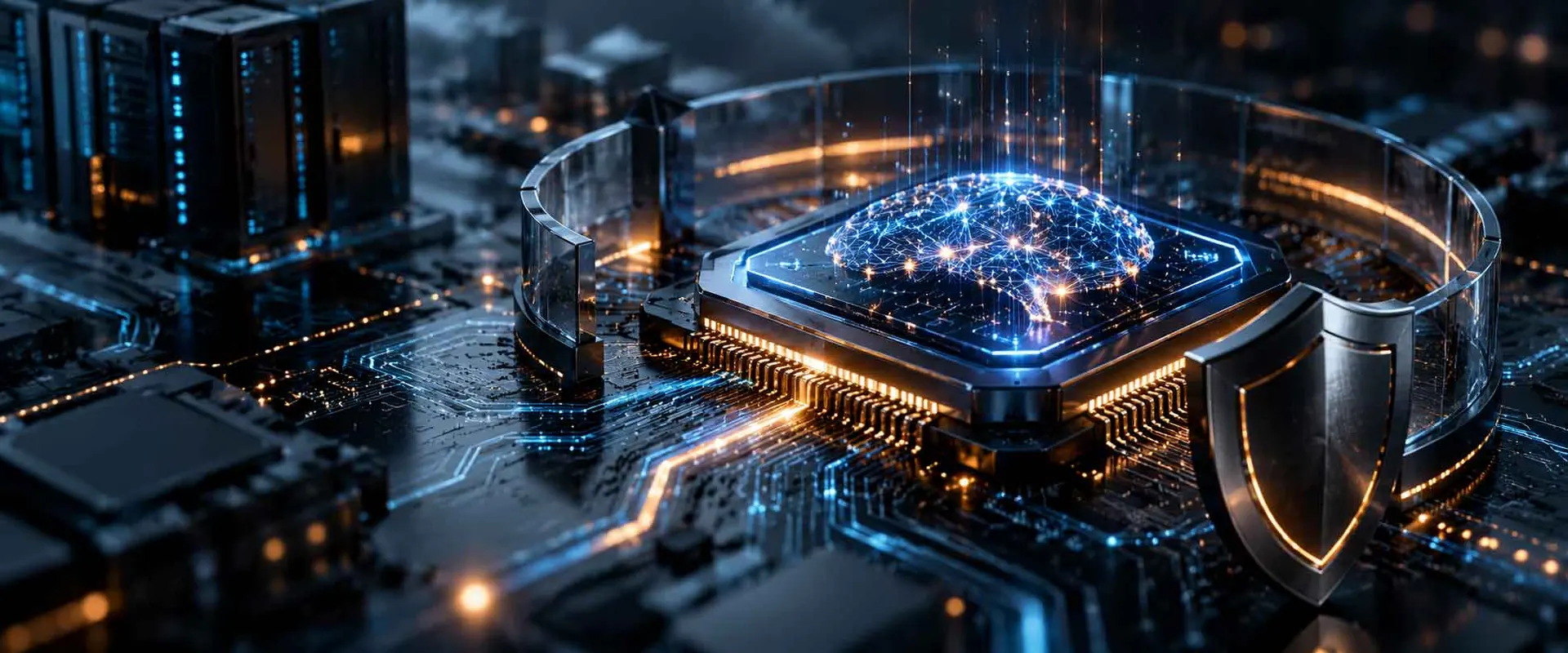 AI processor chip protected by a security shield, representing AI security services