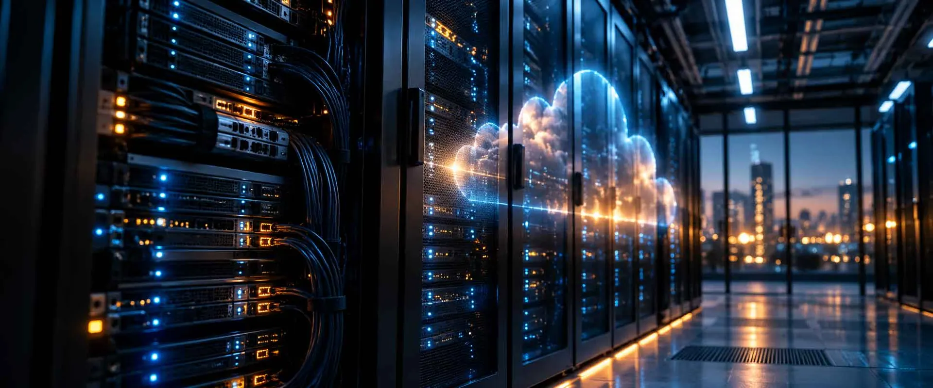 Data centre server racks with a cloud graphic, representing a cloud security assessment