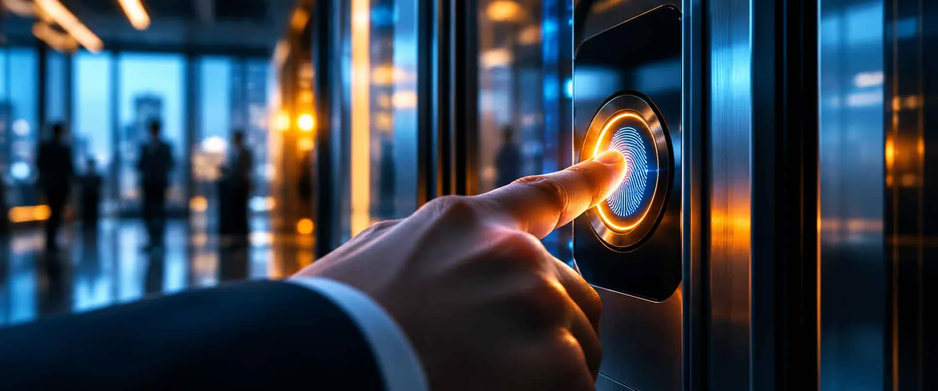 Person using a biometric access control panel, representing identity and access management