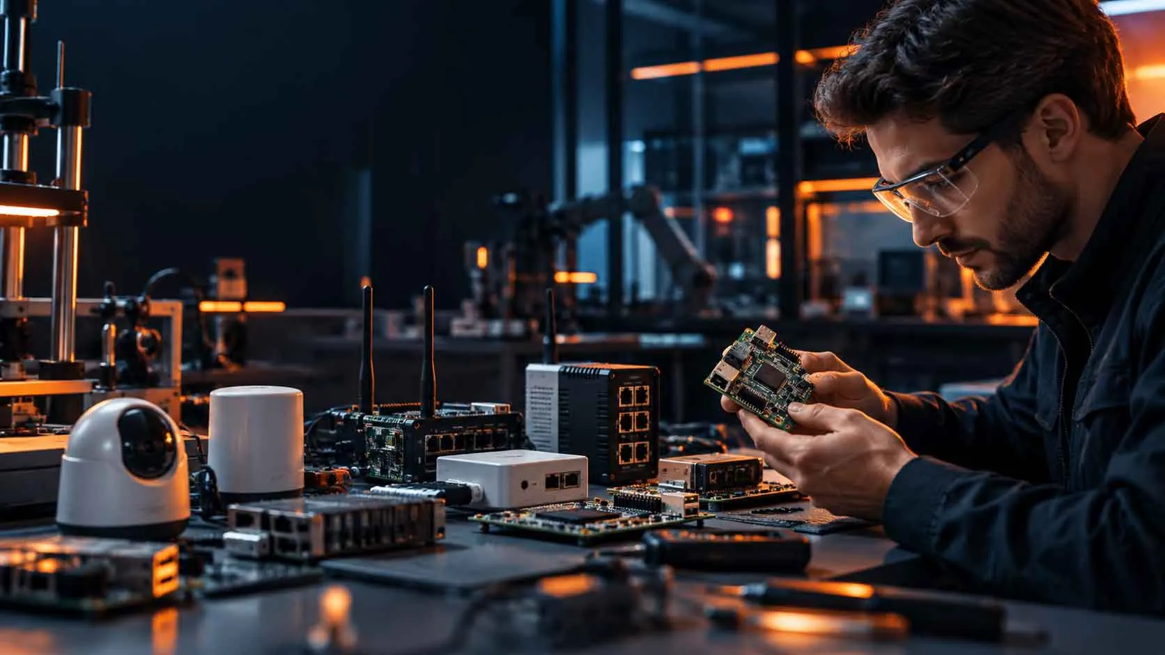Engineer examining a circuit board among connected devices, representing embedded and IoT security testing