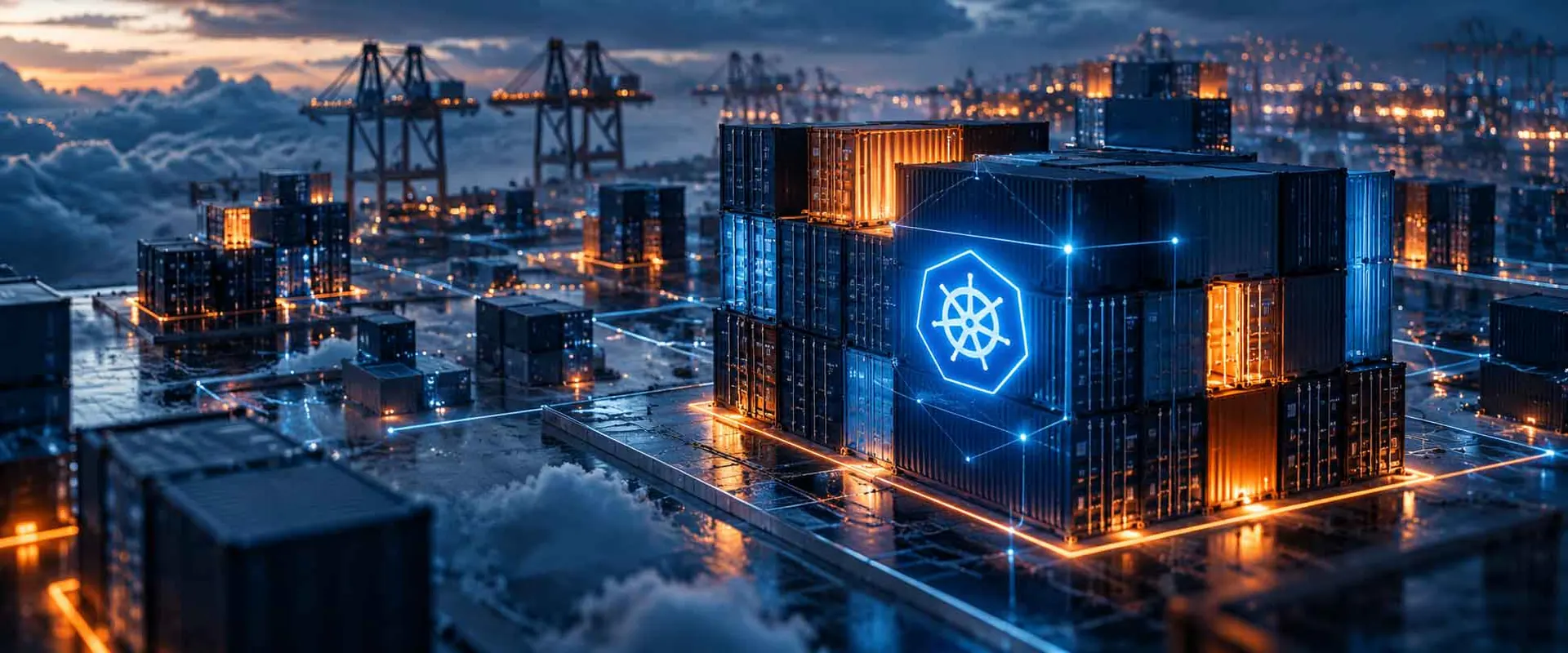 Shipping containers marked with the Kubernetes symbol, representing container and cluster security