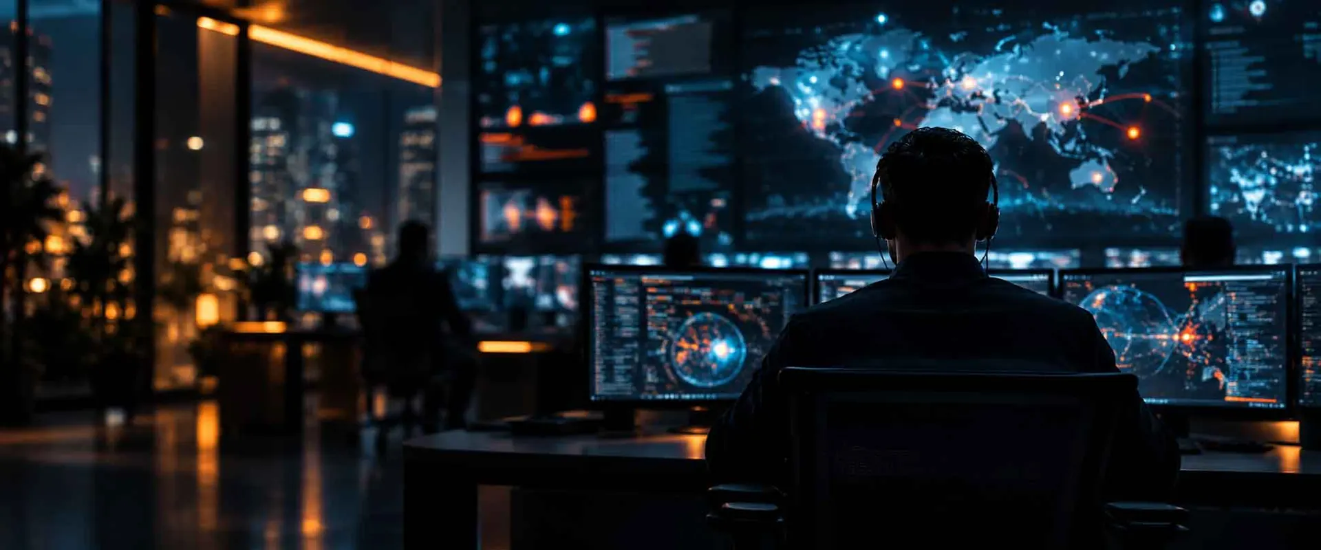 Security analyst monitoring threat activity across multiple screens in a security operations room