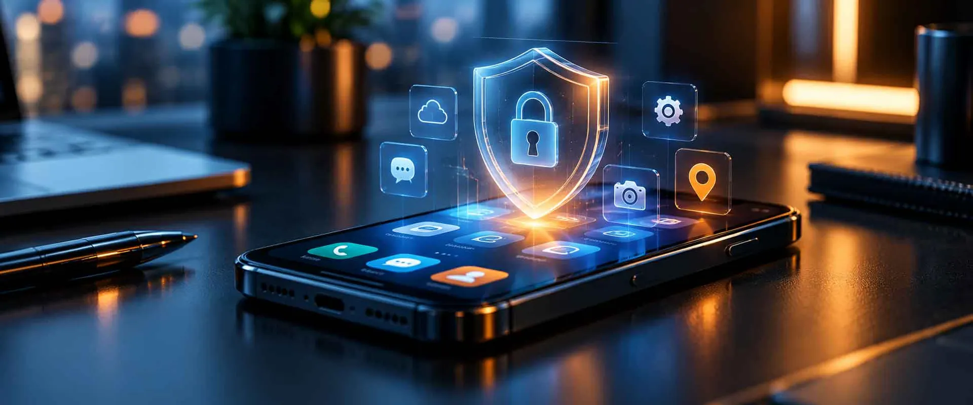 Smartphone with security and privacy icons, representing mobile application security testing