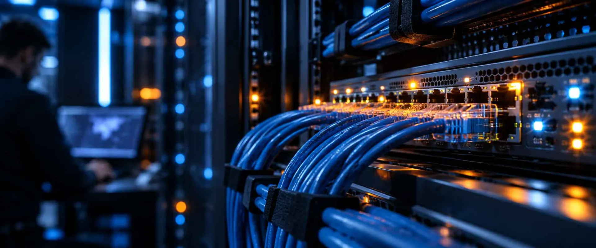 Network switch and patch cabling in a server rack, the infrastructure assessed during a penetration test