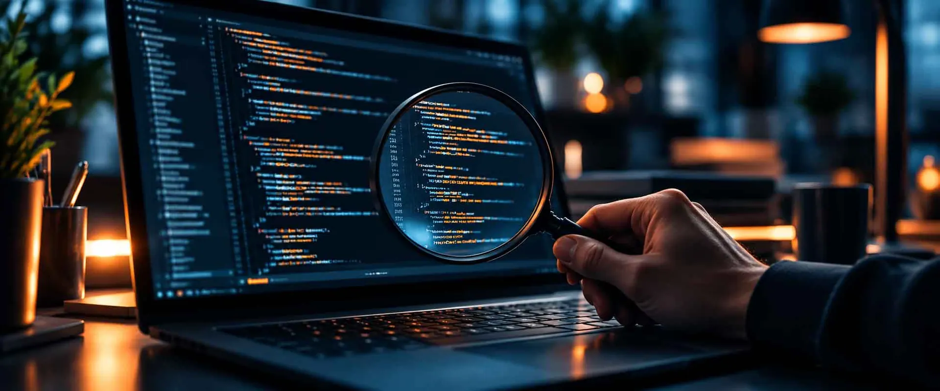 Source code on a laptop examined under a magnifying glass, representing secure code review