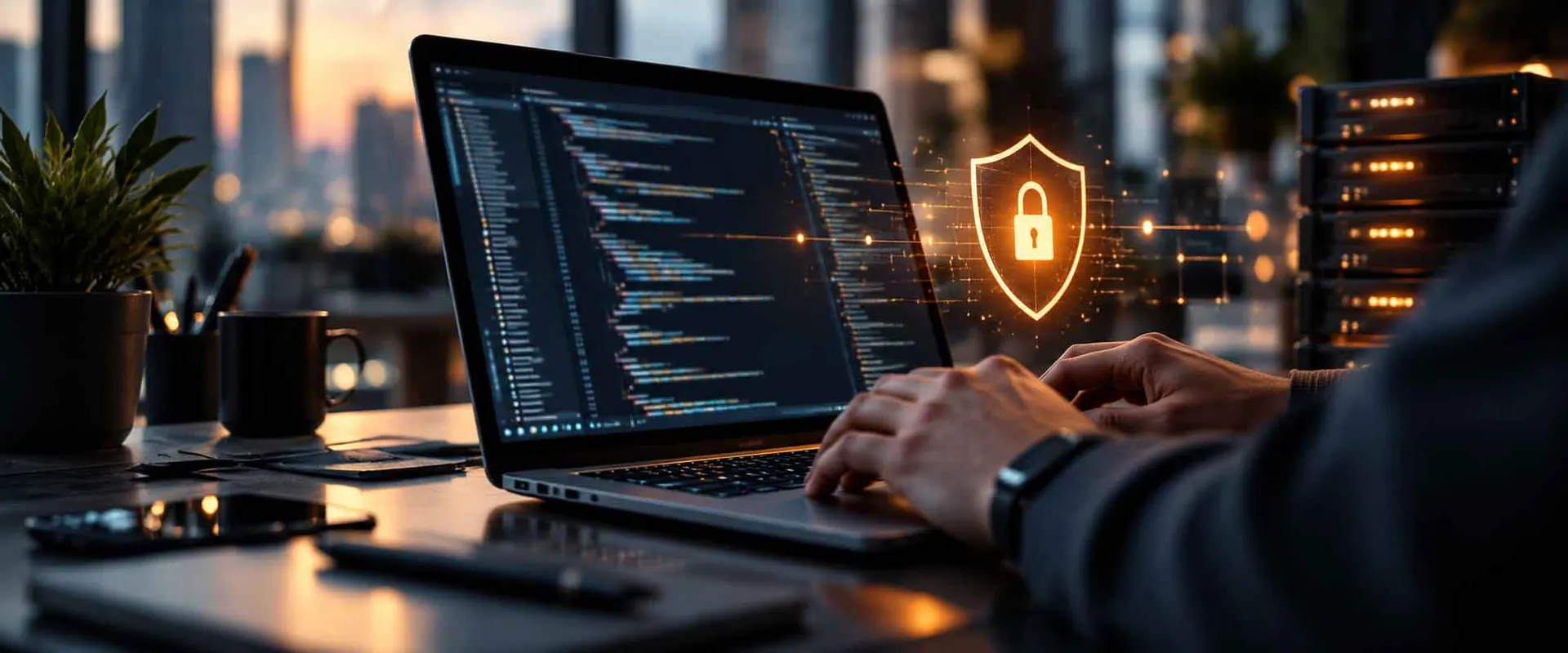 Developer laptop showing application code with a security shield, representing web application and API testing